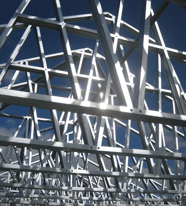 Close-up of galvanized steel roof trusses for Alabama barndo